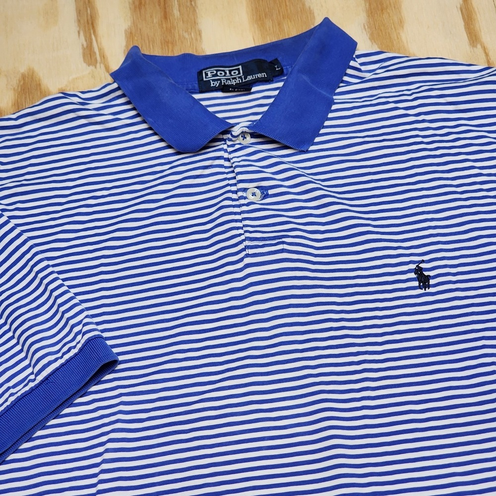 Polo Ralph Lauren Mens L‎ Shirt Blue Stripe Short Sleeve Emb. Pony Logo Cotton